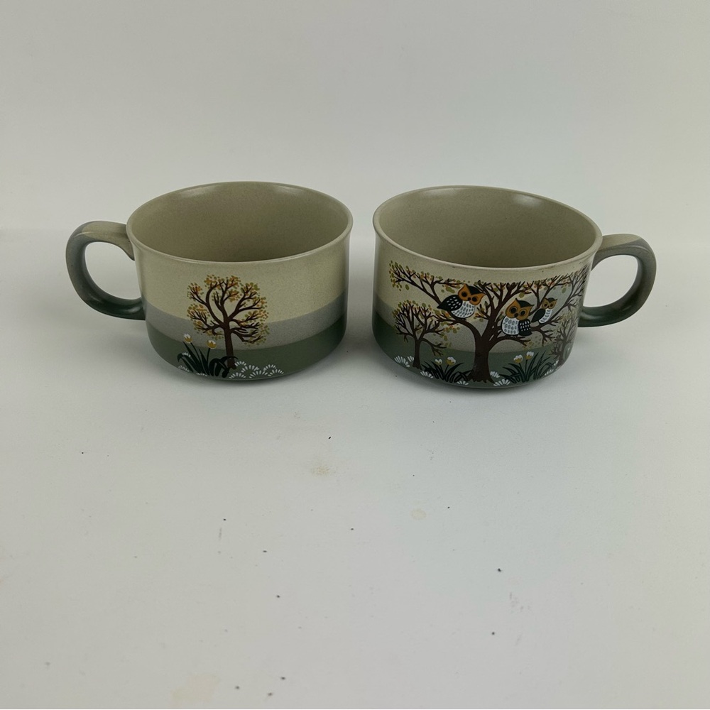 2 - VTG OTAGIRI OWL FAMILY IN TREE STONEWARE MUGS / BOWLS